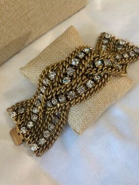 Rebecca Cole Chunky Braided Wide Metal Bracelet with Clear Stones